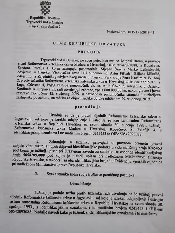 Odlukom Vrhovnog suda potvrđeno pravno sljedništvo Reformatske ...